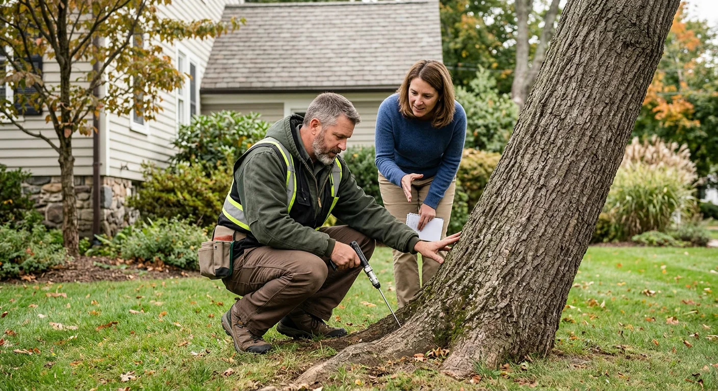 Certified arborist evaluating trunk lean and root health on an Ansonia lawn