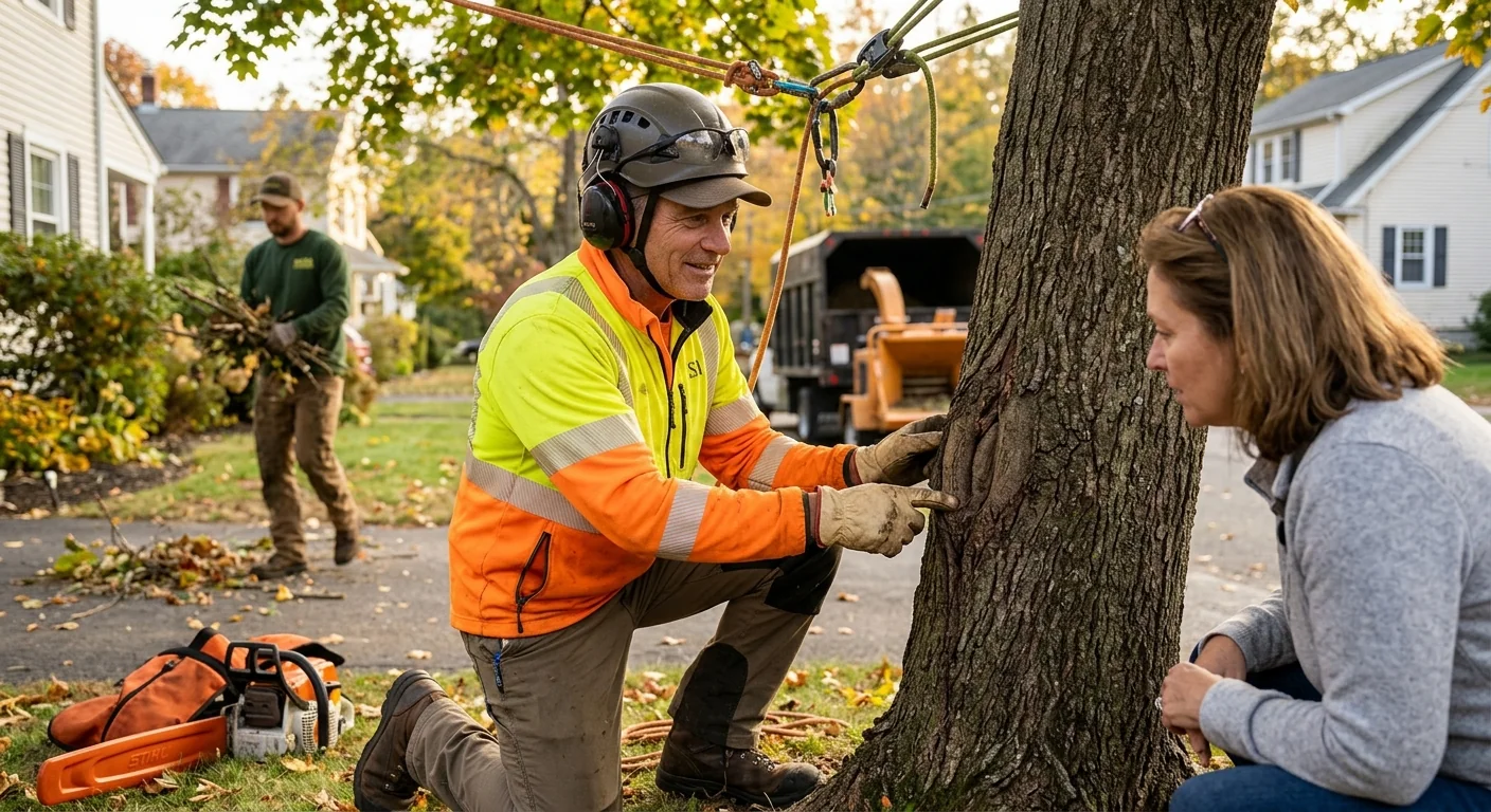 Climber performing structural pruning high in an oak tree in Ansonia
