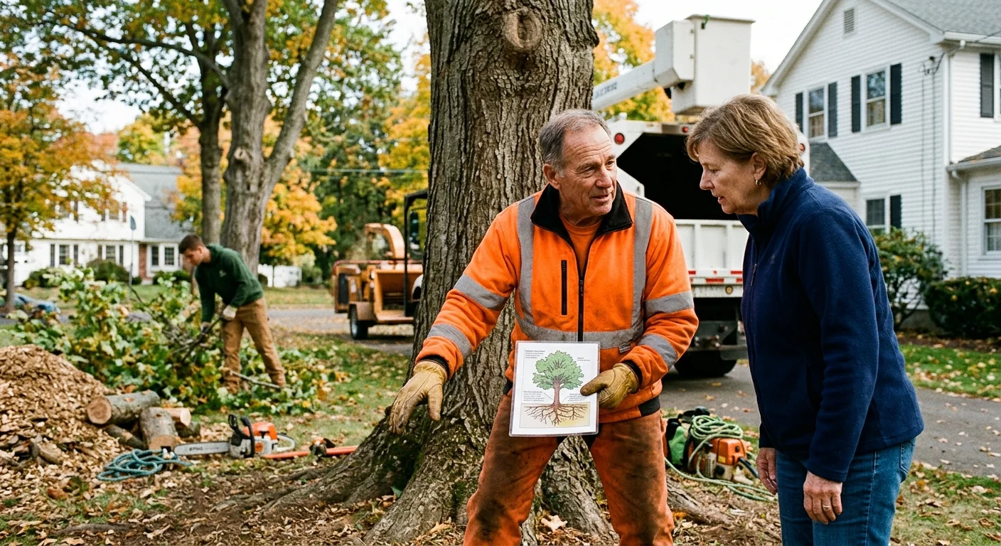Professional tree care crew working on a mature canopy at an Ansonia home