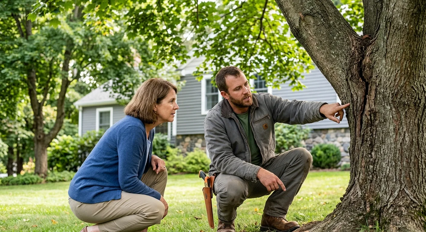 Team reviewing a written tree assessment with a homeowner on an Ansonia property