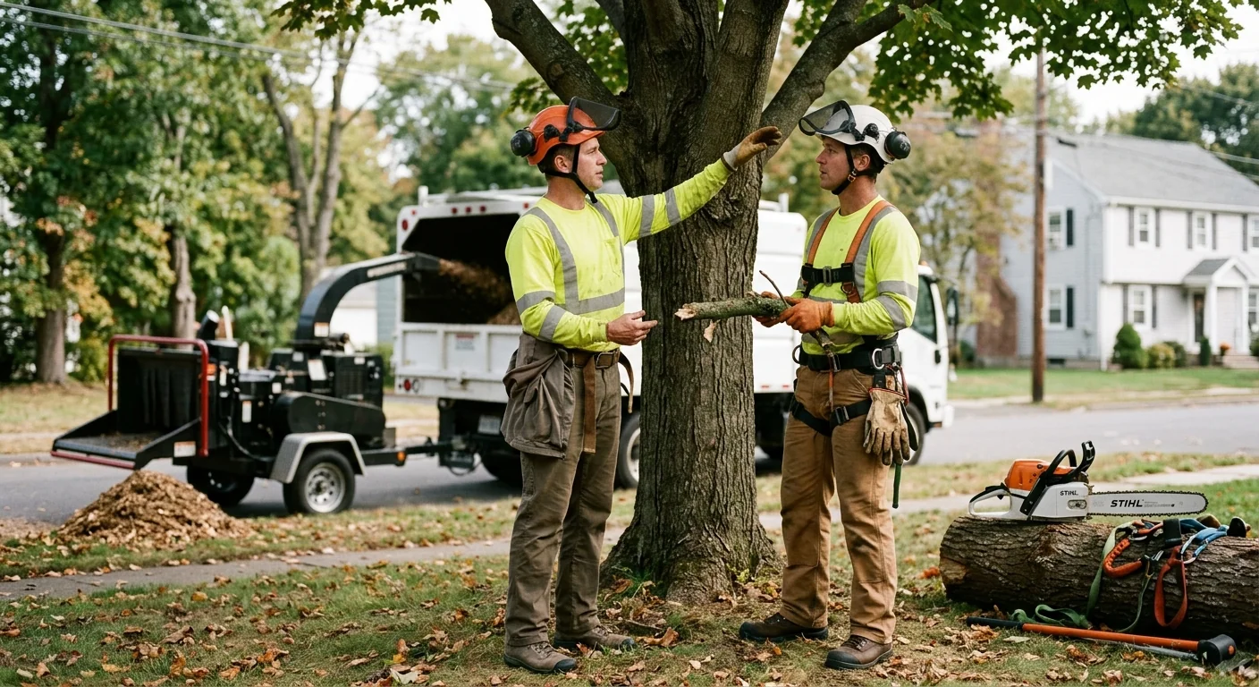 Arborist inspecting a mature tree canopy before pruning at an Ansonia home