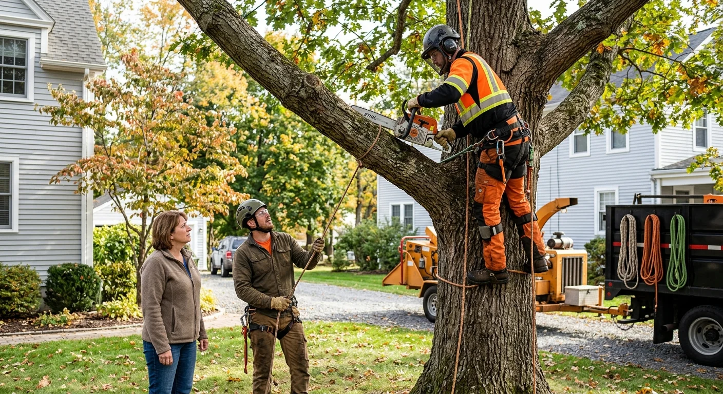 Arborists clearing storm-damaged branches from a residential Ansonia property