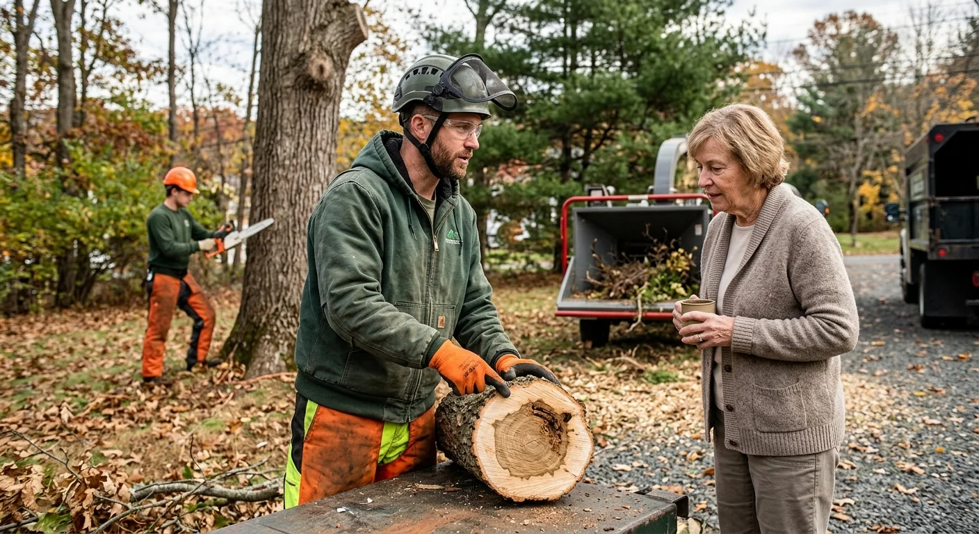 Tree service crew reviewing completed pruning work with a homeowner during a post-job walkthrough in Ansonia
