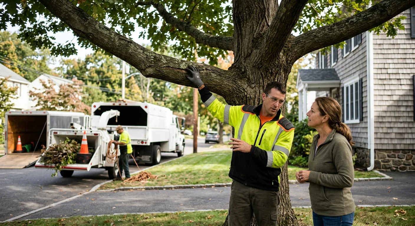 Arborist reviewing a written tree service estimate with a homeowner in Ansonia