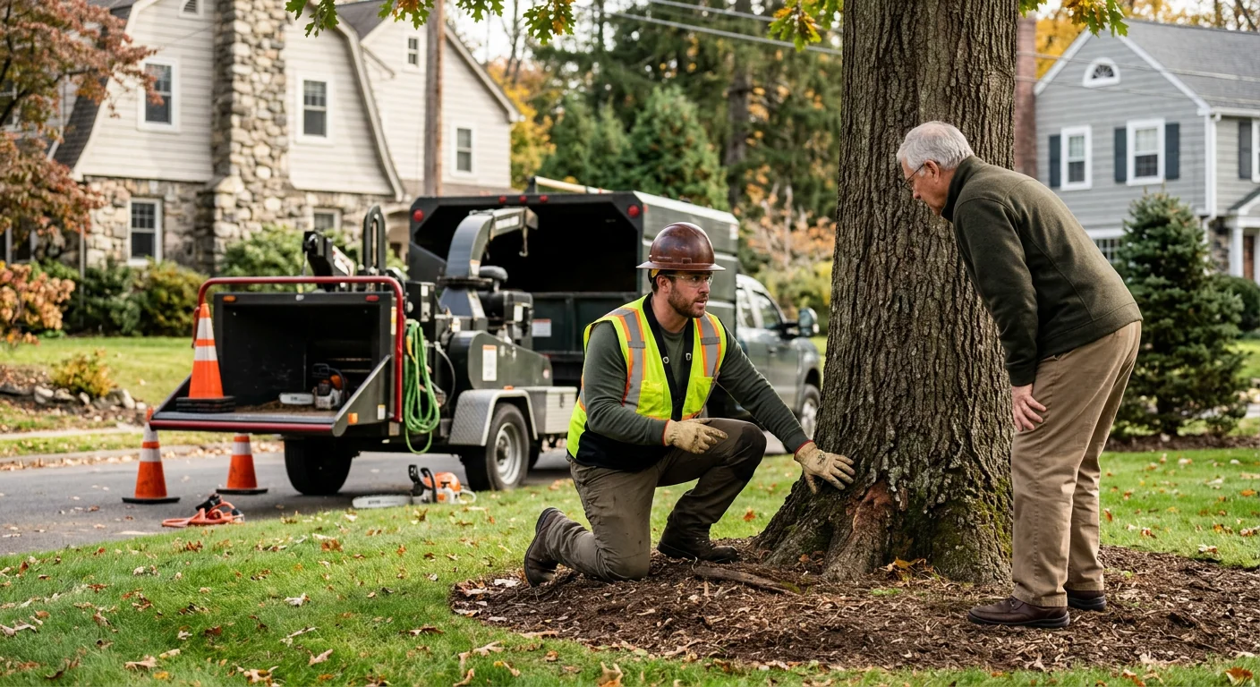 Arborist inspecting a leaning storm-damaged tree in an Ansonia residential yard