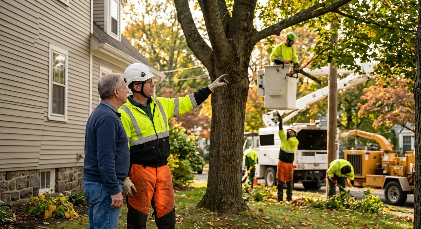 Arborist pruning a tall backyard tree canopy in Ansonia during trimming service