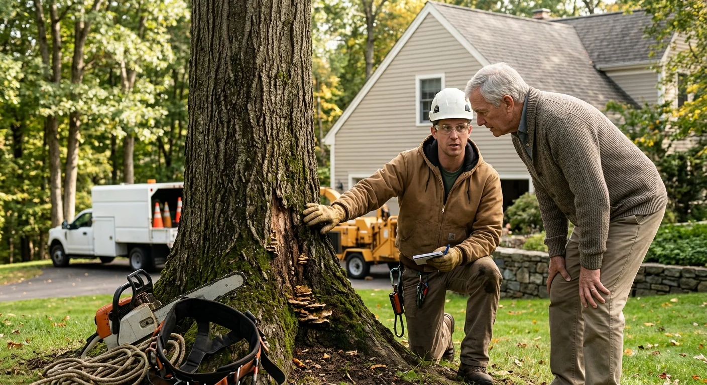 Arborist carefully trimming a mature tree canopy at an Ansonia home