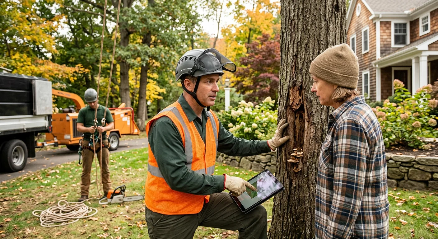 Arborist pruning canopy branches on a mature shade tree in Ansonia