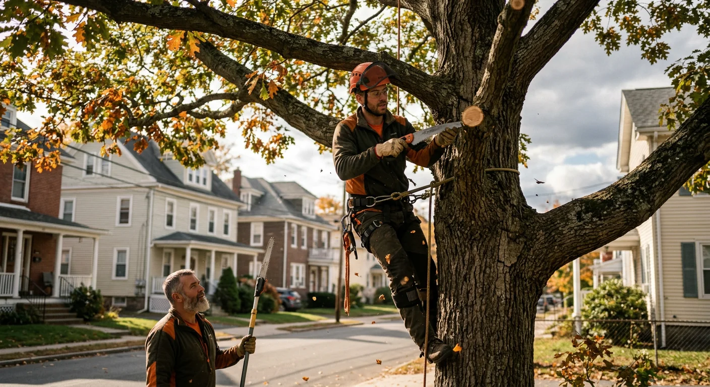 Tree trimming crew making precise pruning cuts on a mature Ansonia shade tree