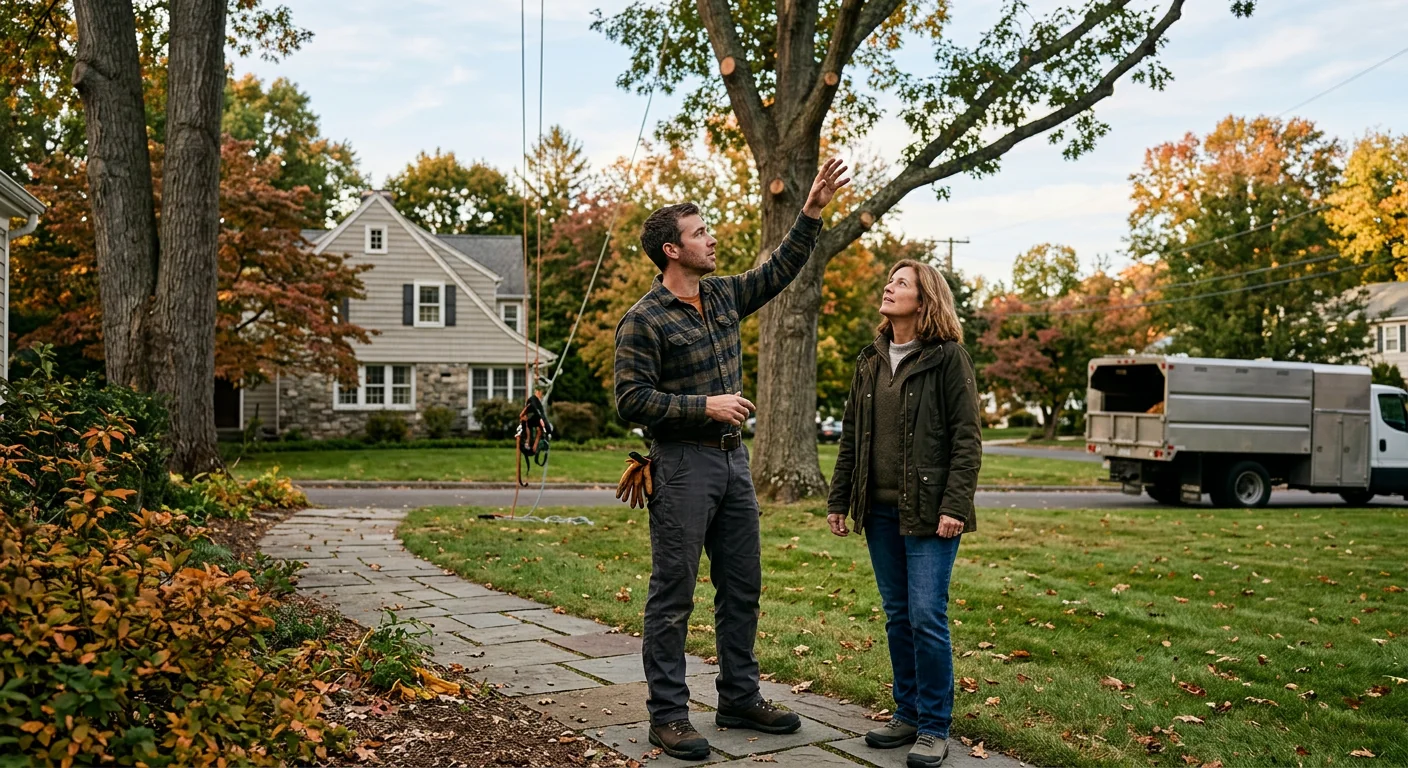 Arborist reviewing canopy work with a homeowner during post-job walkthrough in Ansonia